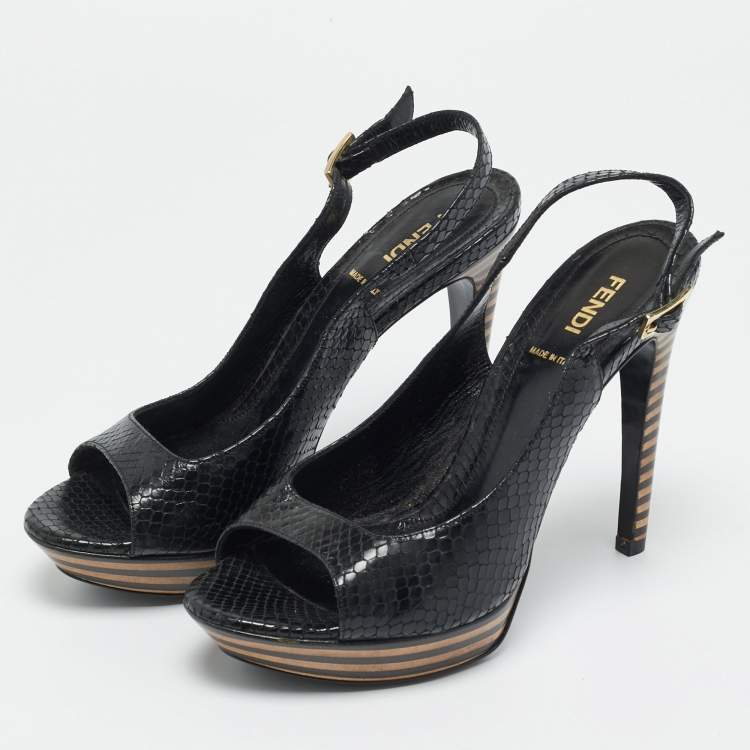 Pre Owned Fendi Black Python Embossed Leather Ankle Strap Sandals Size 38