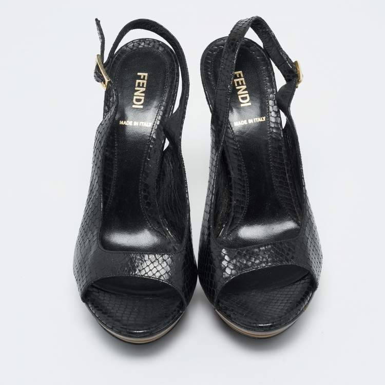 Pre Owned Fendi Black Python Embossed Leather Ankle Strap Sandals Size 38