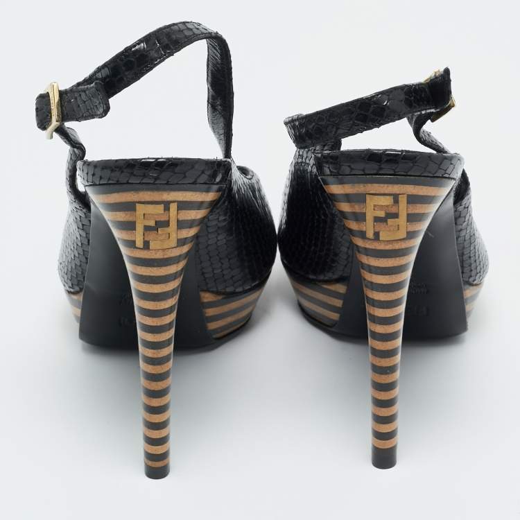 Pre Owned Fendi Black Python Embossed Leather Ankle Strap Sandals Size 38