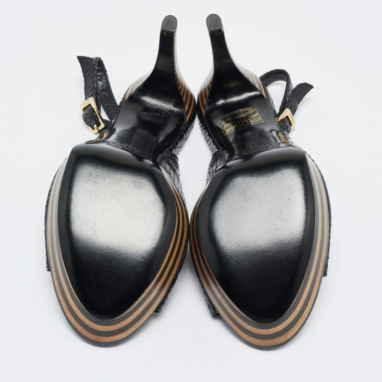 Pre Owned Fendi Black Python Embossed Leather Ankle Strap Sandals Size 38