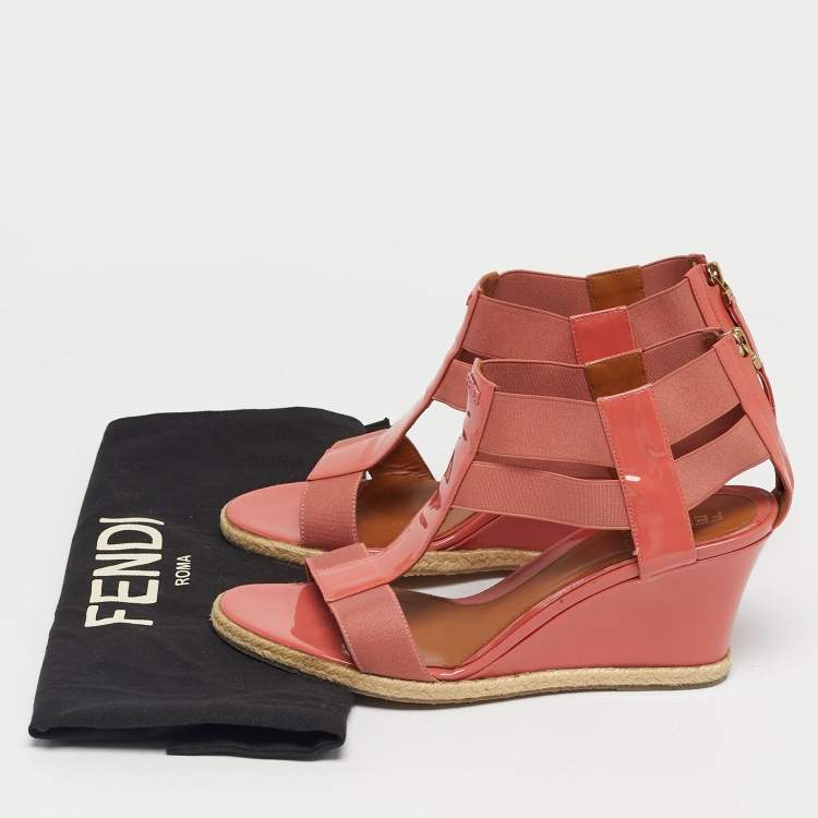 Pre Owned Fendi Coral Patent Leather And Elastic Fabric T-Strap Espadrille Wedge Sandals Size 37.5
