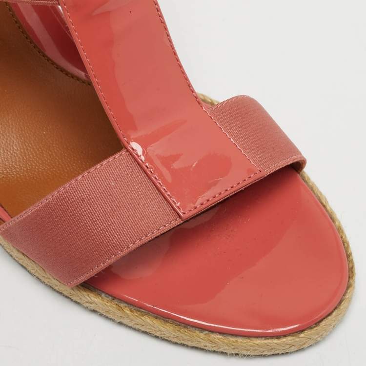 Pre Owned Fendi Coral Patent Leather And Elastic Fabric T-Strap Espadrille Wedge Sandals Size 37.5