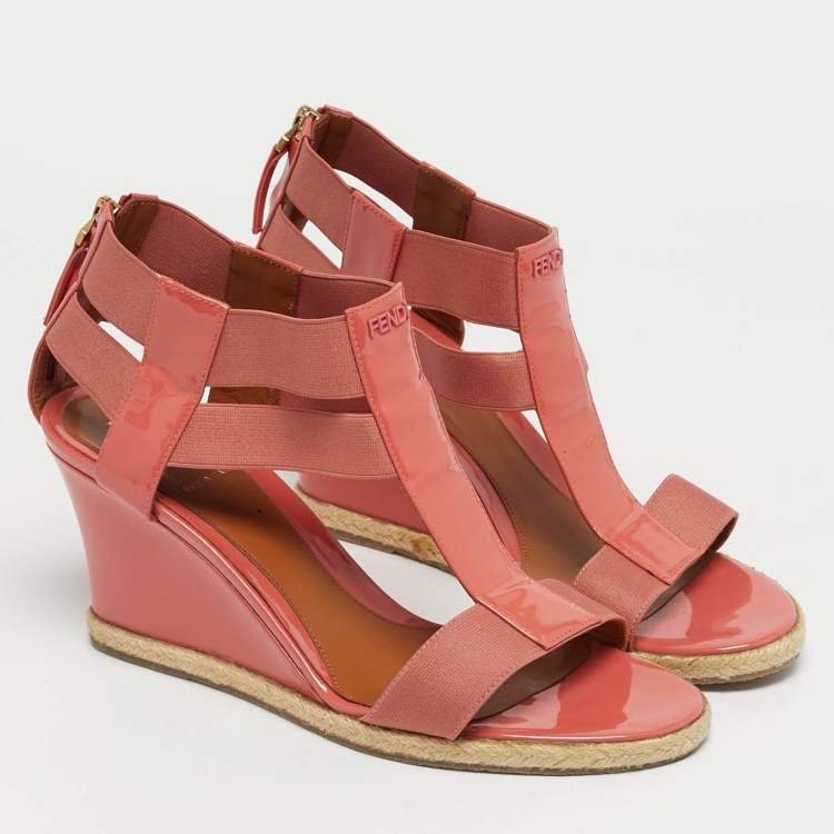 Pre Owned Fendi Coral Patent Leather And Elastic Fabric T-Strap Espadrille Wedge Sandals Size 37.5