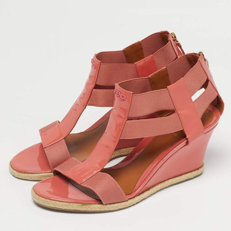 Pre Owned Fendi Coral Patent Leather And Elastic Fabric T-Strap Espadrille Wedge Sandals Size 37.5