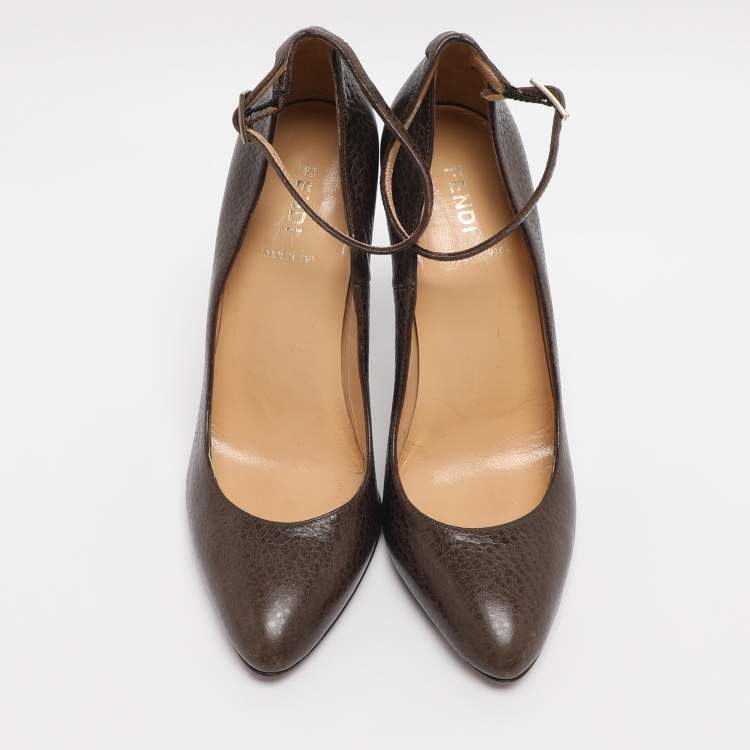 Pre Owned Fendi Brown Leather Ankle Strap Pumps Size 36.5
