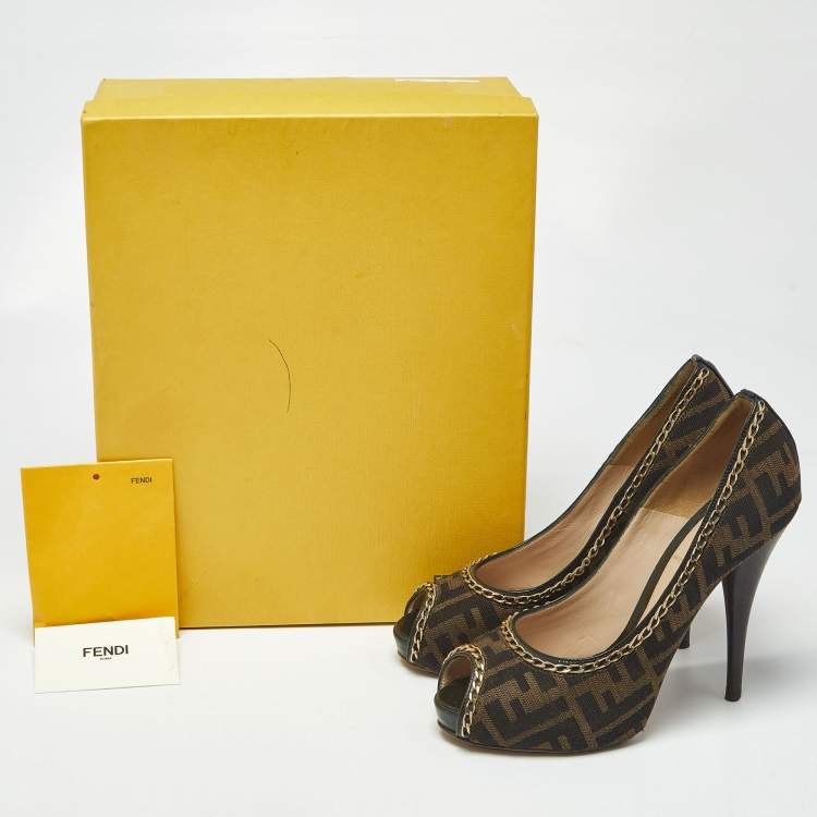 Pre Owned Fendi Brown Zucca Canvas Chain Embellished Peep Toe Pumps Size 37