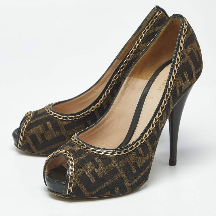 Pre Owned Fendi Brown Zucca Canvas Chain Embellished Peep Toe Pumps Size 37