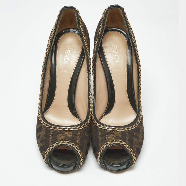 Pre Owned Fendi Brown Zucca Canvas Chain Embellished Peep Toe Pumps Size 37