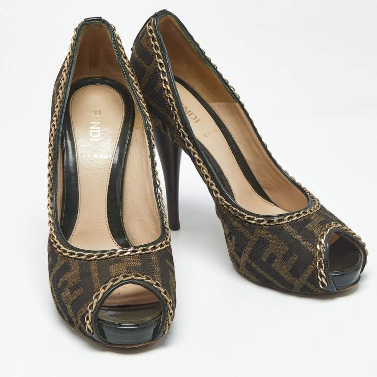 Pre Owned Fendi Brown Zucca Canvas Chain Embellished Peep Toe Pumps Size 37