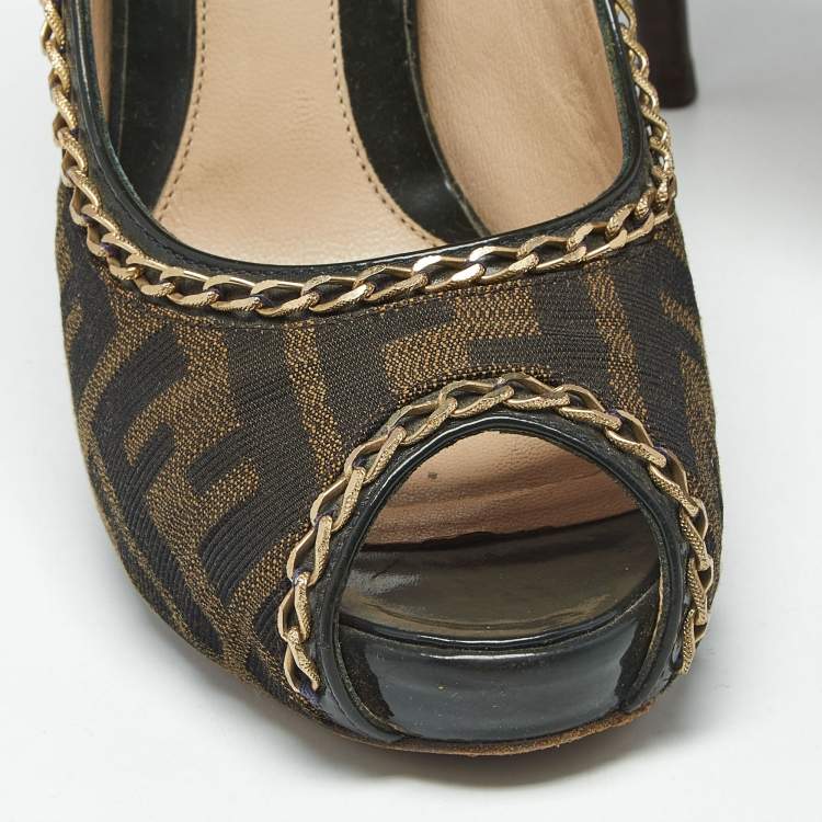Pre Owned Fendi Brown Zucca Canvas Chain Embellished Peep Toe Pumps Size 37