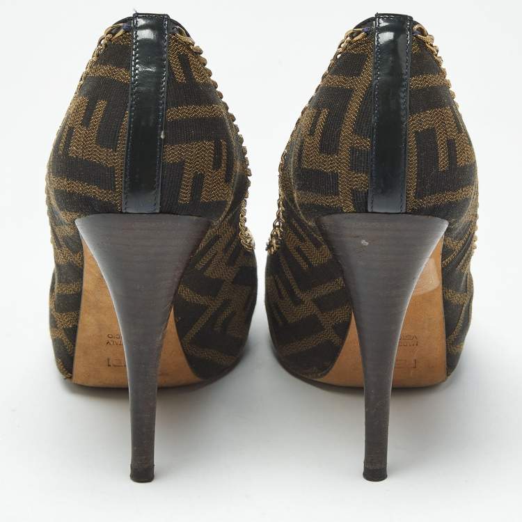 Pre Owned Fendi Brown Zucca Canvas Chain Embellished Peep Toe Pumps Size 37