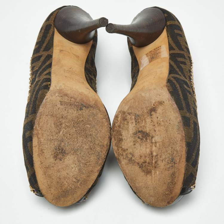 Pre Owned Fendi Brown Zucca Canvas Chain Embellished Peep Toe Pumps Size 37