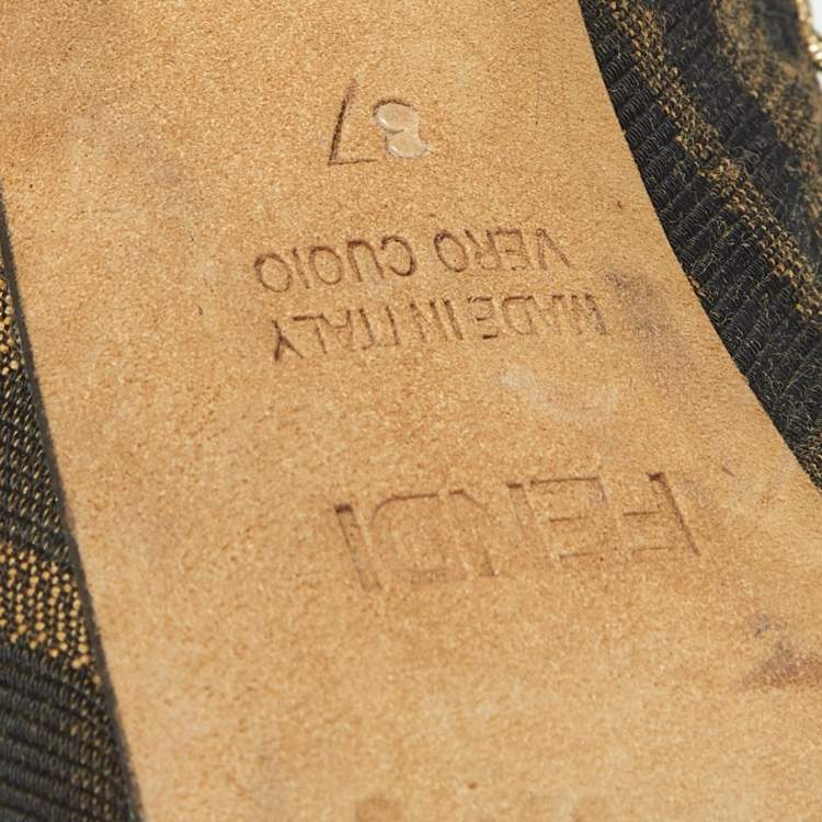 Pre Owned Fendi Brown Zucca Canvas Chain Embellished Peep Toe Pumps Size 37