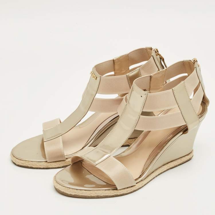 Pre Owned Fendi Beige Elastic and Patent Leather T-Strap Wedge Espadrille Sandals Size 38