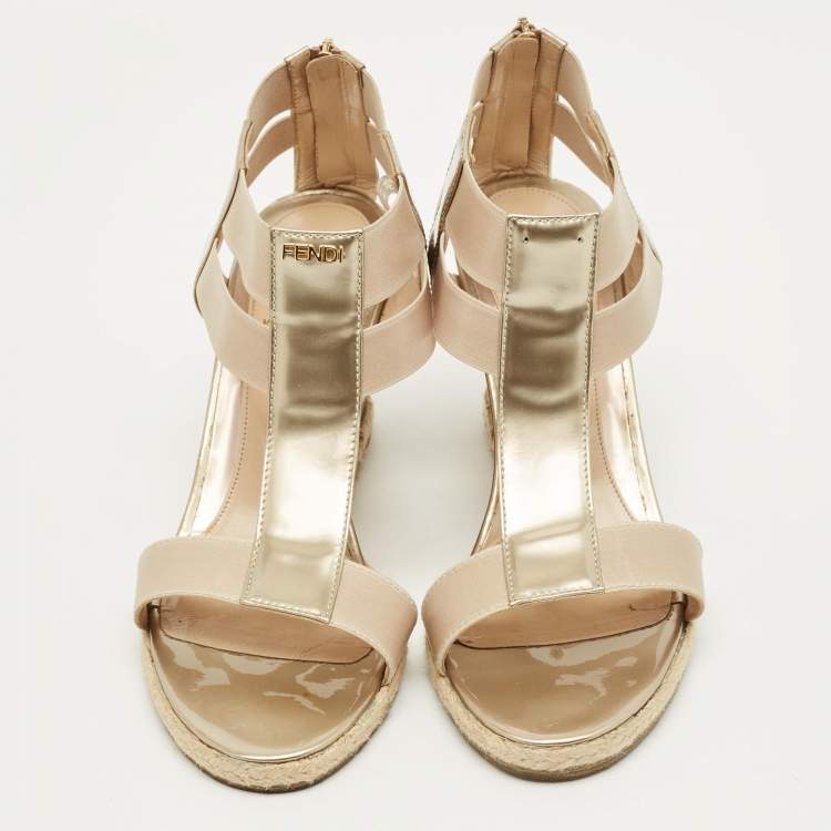 Pre Owned Fendi Beige Elastic and Patent Leather T-Strap Wedge Espadrille Sandals Size 38
