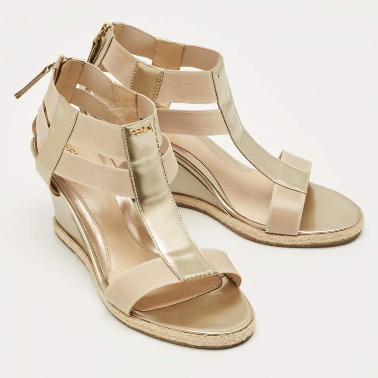 Pre Owned Fendi Beige Elastic and Patent Leather T-Strap Wedge Espadrille Sandals Size 38