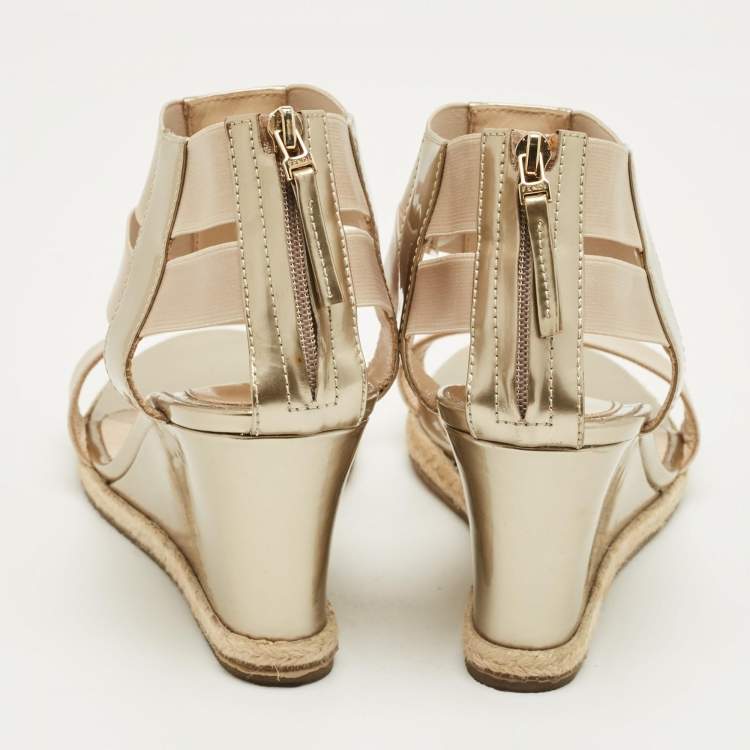 Pre Owned Fendi Beige Elastic and Patent Leather T-Strap Wedge Espadrille Sandals Size 38