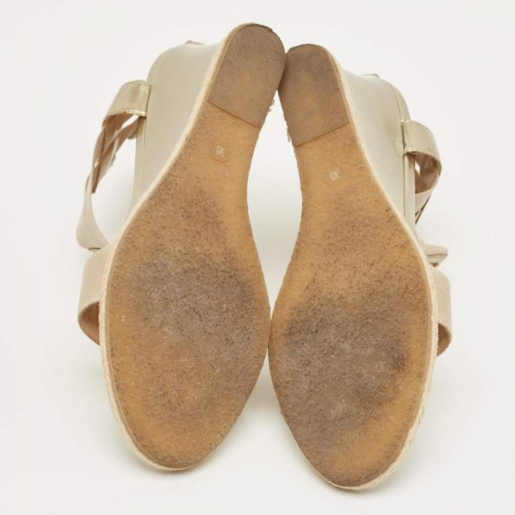 Pre Owned Fendi Beige Elastic and Patent Leather T-Strap Wedge Espadrille Sandals Size 38