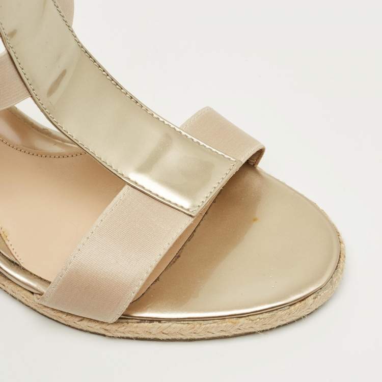 Pre Owned Fendi Beige Elastic and Patent Leather T-Strap Wedge Espadrille Sandals Size 38