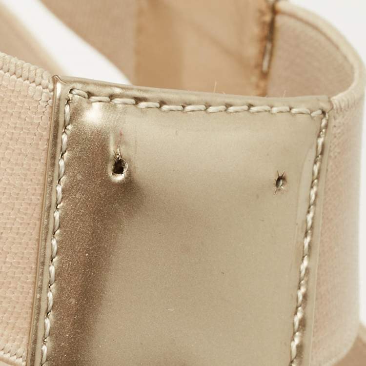 Pre Owned Fendi Beige Elastic and Patent Leather T-Strap Wedge Espadrille Sandals Size 38