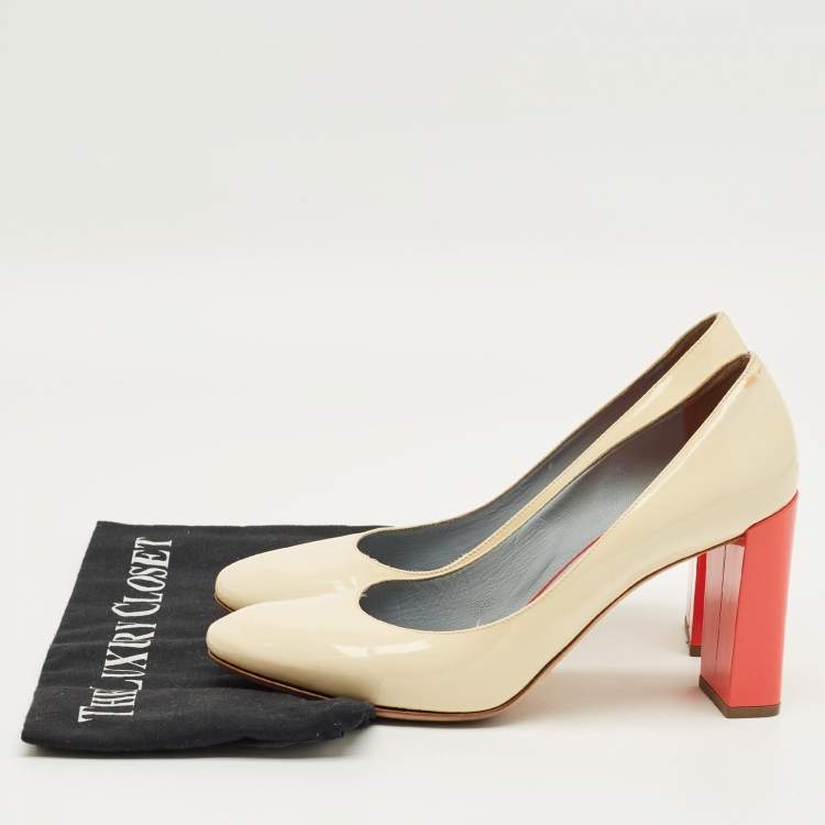 Pre Owned Fendi Cream/Orange Patent Leather Eloise Round Toe Pumps Size 40