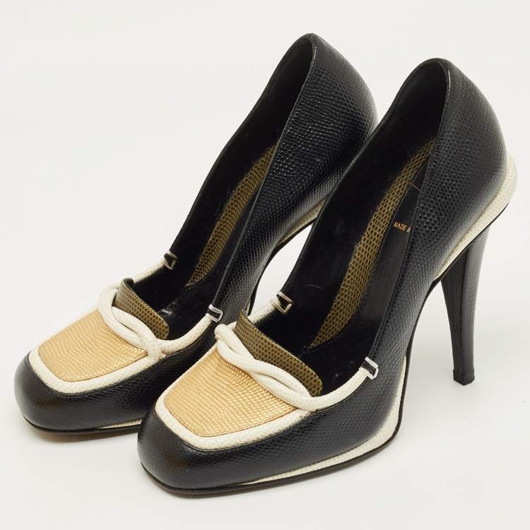 Pre Owned Fendi Black/White Lizard Embossed Leather Pumps Size 37.5