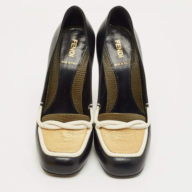 Pre Owned Fendi Black/White Lizard Embossed Leather Pumps Size 37.5