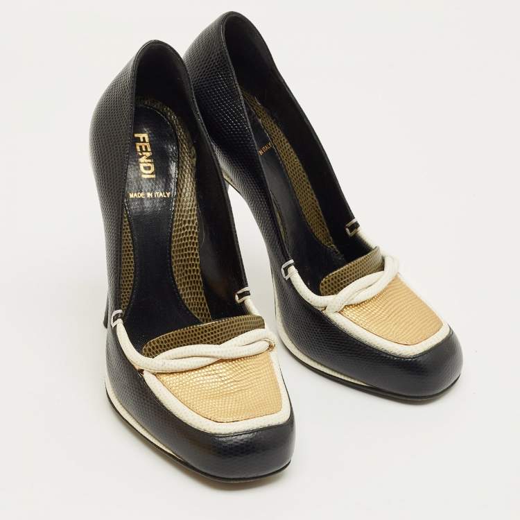 Pre Owned Fendi Black/White Lizard Embossed Leather Pumps Size 37.5