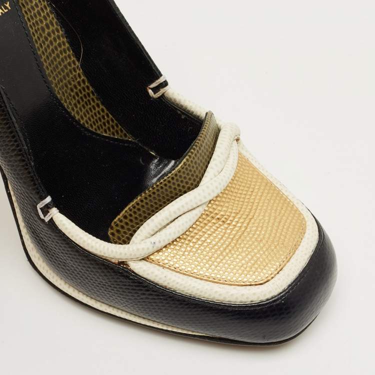 Pre Owned Fendi Black/White Lizard Embossed Leather Pumps Size 37.5
