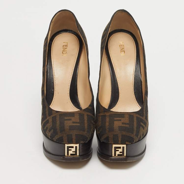 Pre Owned Fendi Brown Zucca Canvas Fendista Platform Pumps Size 38
