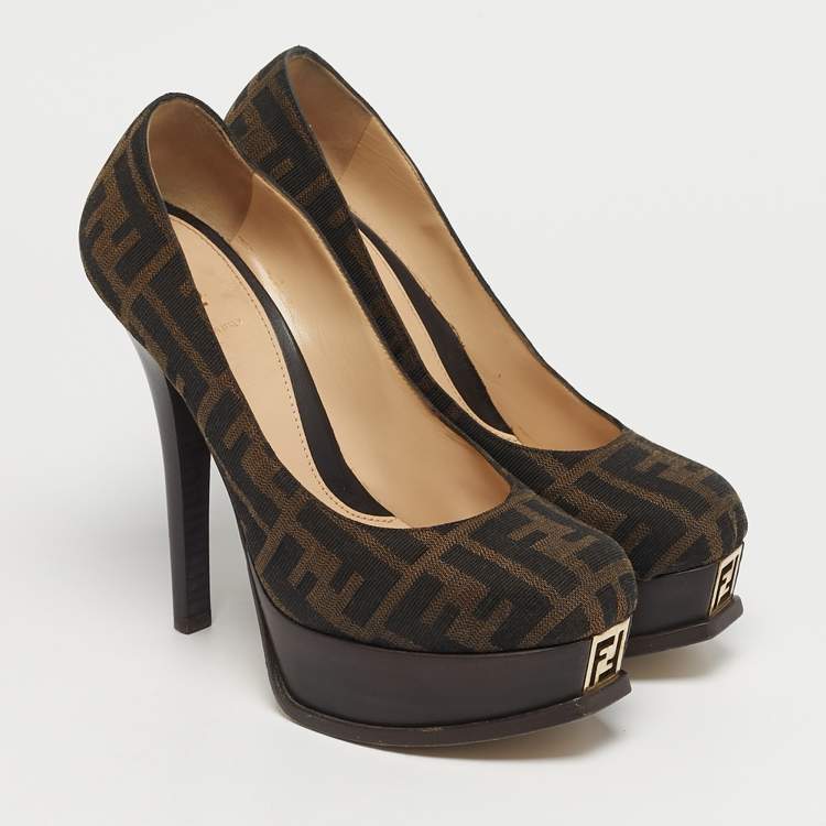 Pre Owned Fendi Brown Zucca Canvas Fendista Platform Pumps Size 38