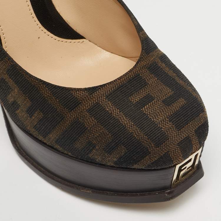 Pre Owned Fendi Brown Zucca Canvas Fendista Platform Pumps Size 38