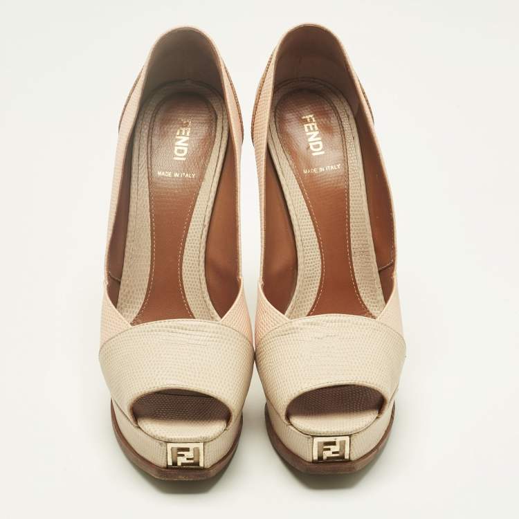Pre Owned Fendi Tri Color Fendista Colorblock Lizard-Embossed Leather Peep Toe Platform Pumps Size 39