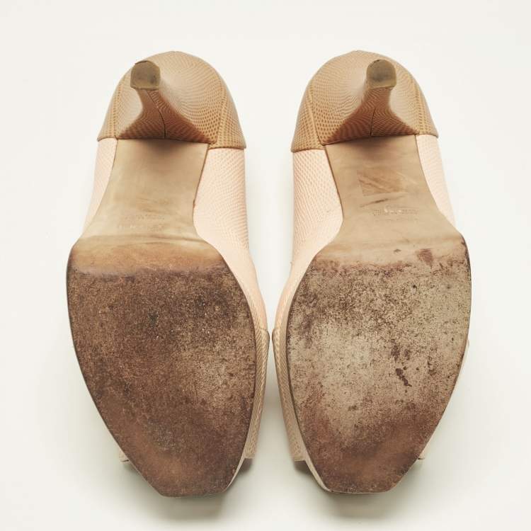 Pre Owned Fendi Tri Color Fendista Colorblock Lizard-Embossed Leather Peep Toe Platform Pumps Size 39