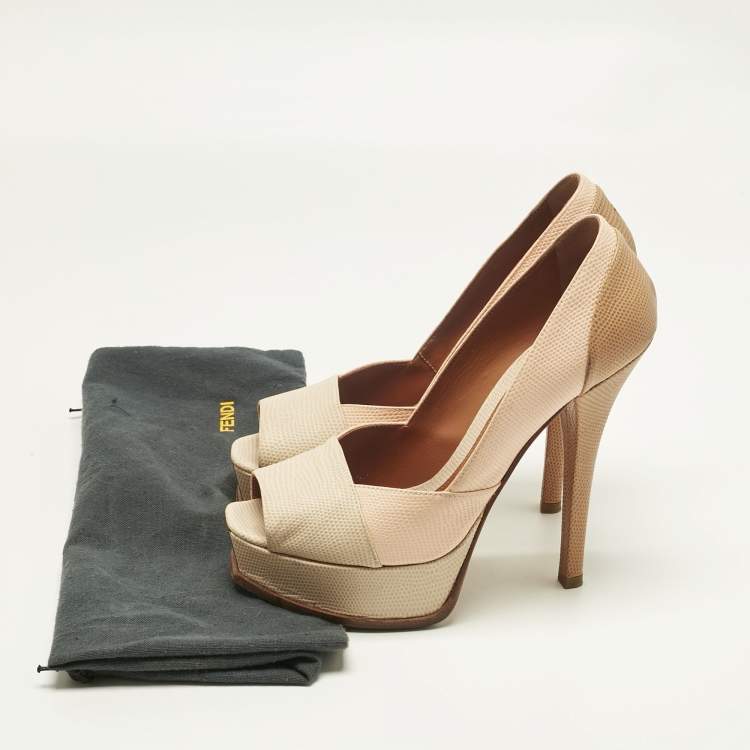 Pre Owned Fendi Tri Color Fendista Colorblock Lizard-Embossed Leather Peep Toe Platform Pumps Size 39