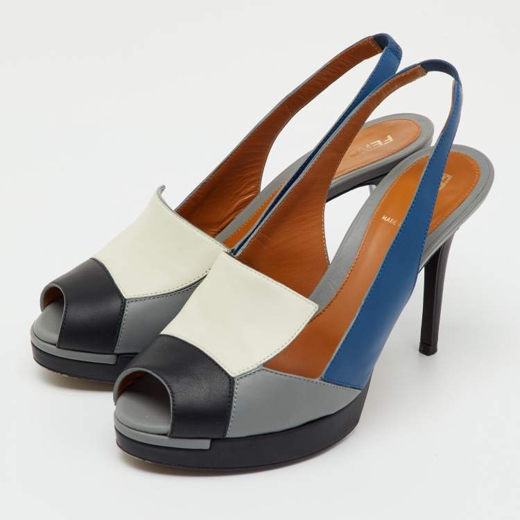 Pre Owned Fendi Multicolor Leather Peep Toe Platform Slingback Sandals Size 37