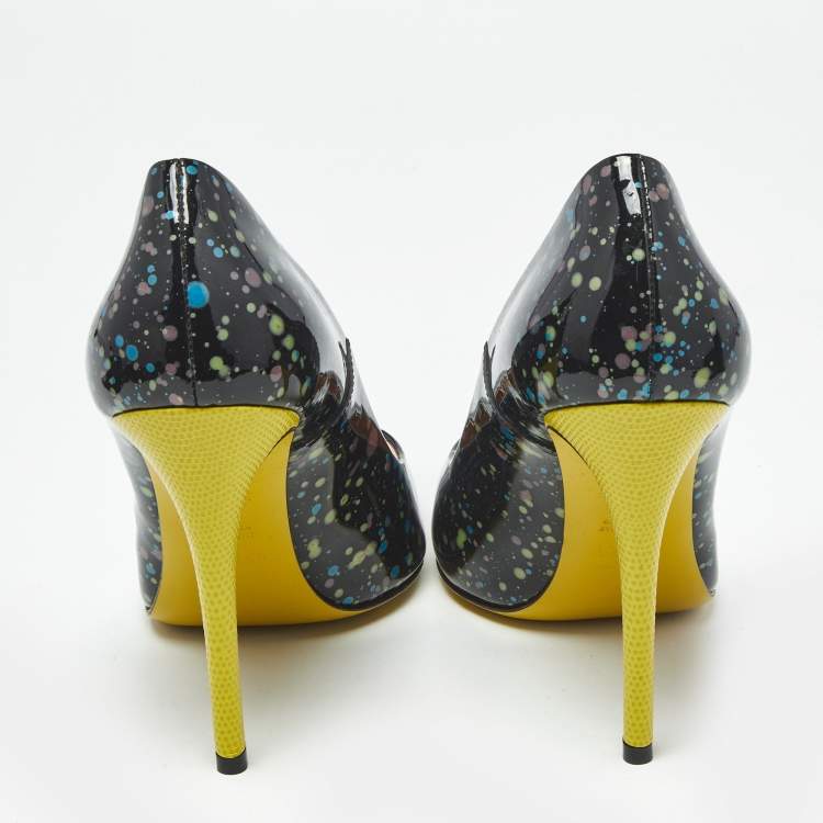 Pre Owned Fendi Black/Yellow Lizard Embossed And Patent Leather Pointed Toe Pumps Size 40