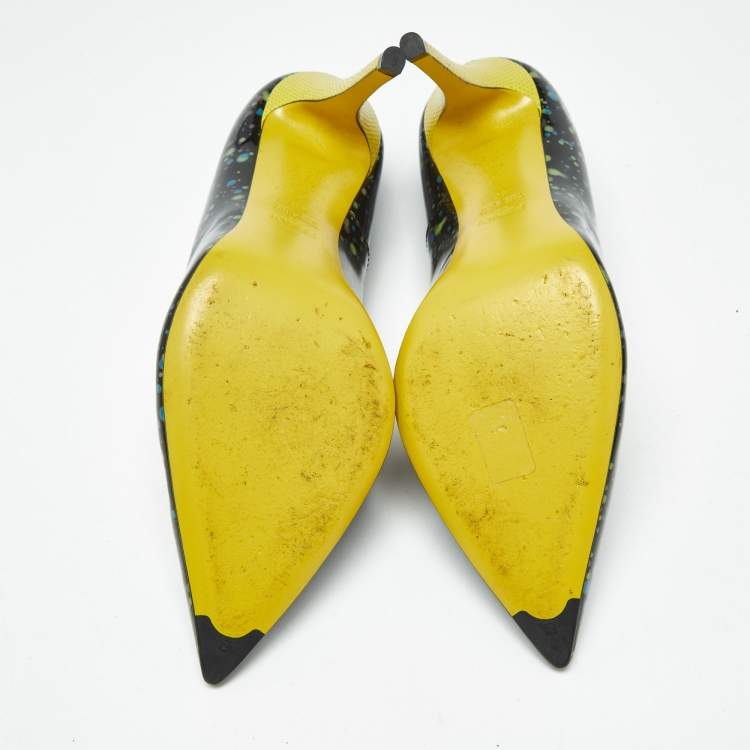 Pre Owned Fendi Black/Yellow Lizard Embossed And Patent Leather Pointed Toe Pumps Size 40