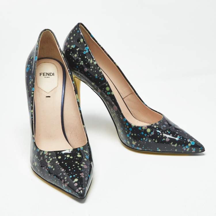 Pre Owned Fendi Black/Yellow Lizard Embossed And Patent Leather Pointed Toe Pumps Size 40