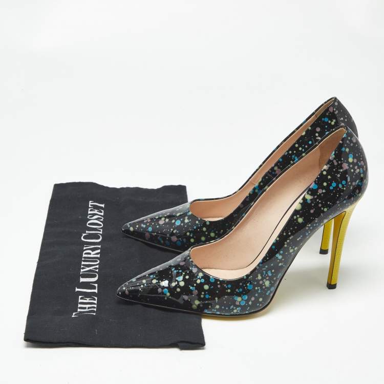Pre Owned Fendi Black/Yellow Lizard Embossed And Patent Leather Pointed Toe Pumps Size 40