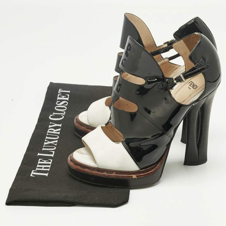 Pre Owned Fendi Black/White Leather and Patent Open-Toe Platform Sandals Size 36
