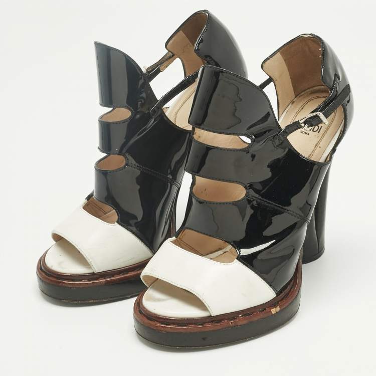 Pre Owned Fendi Black/White Leather and Patent Open-Toe Platform Sandals Size 36