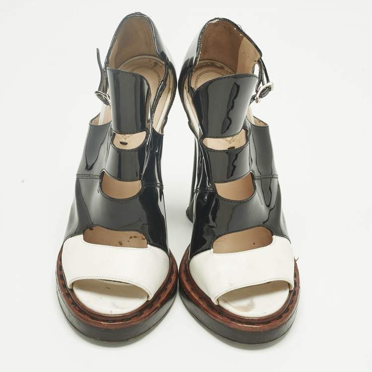 Pre Owned Fendi Black/White Leather and Patent Open-Toe Platform Sandals Size 36