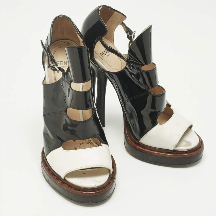 Pre Owned Fendi Black/White Leather and Patent Open-Toe Platform Sandals Size 36