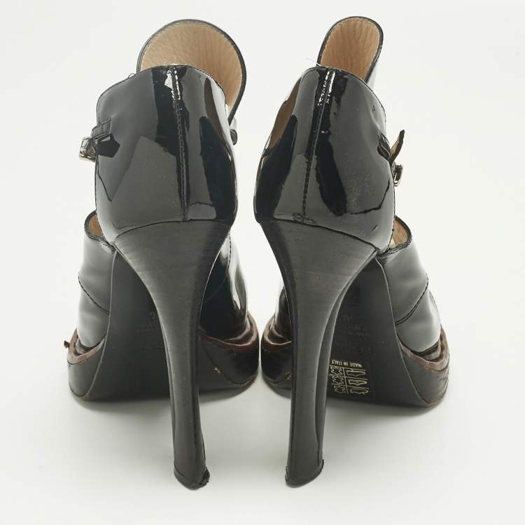 Pre Owned Fendi Black/White Leather and Patent Open-Toe Platform Sandals Size 36