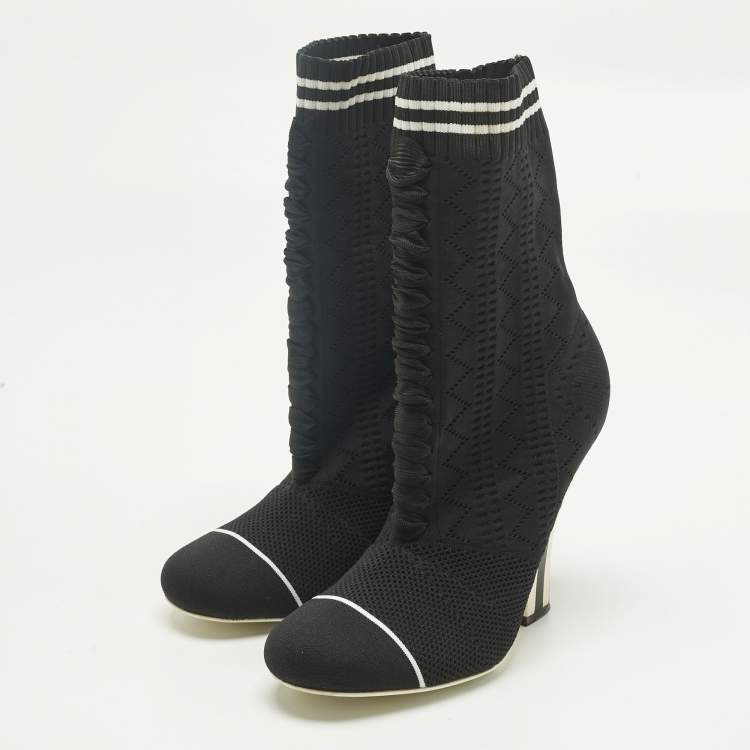 Pre Owned Fendi Black Knit Fabric Rockoko Ankle Length Boots Size 37