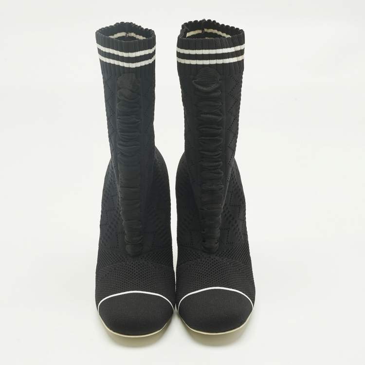 Pre Owned Fendi Black Knit Fabric Rockoko Ankle Length Boots Size 37