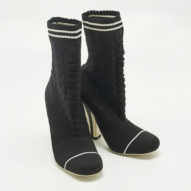 Pre Owned Fendi Black Knit Fabric Rockoko Ankle Length Boots Size 37