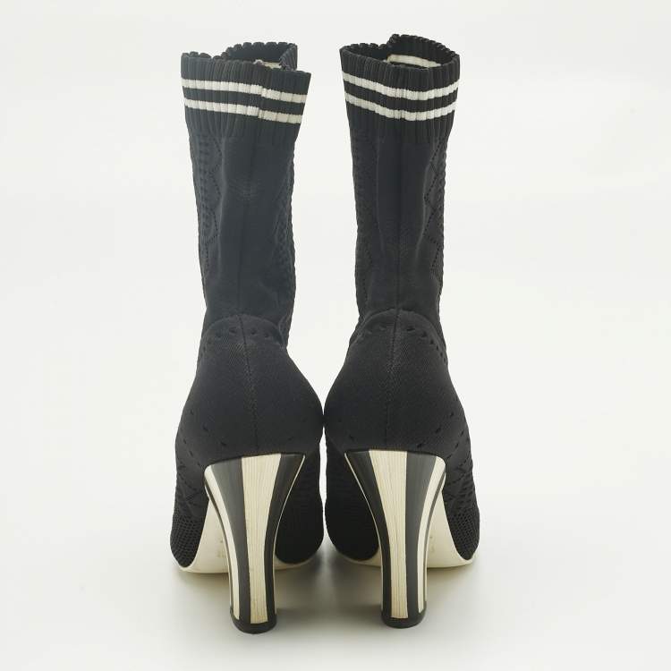 Pre Owned Fendi Black Knit Fabric Rockoko Ankle Length Boots Size 37
