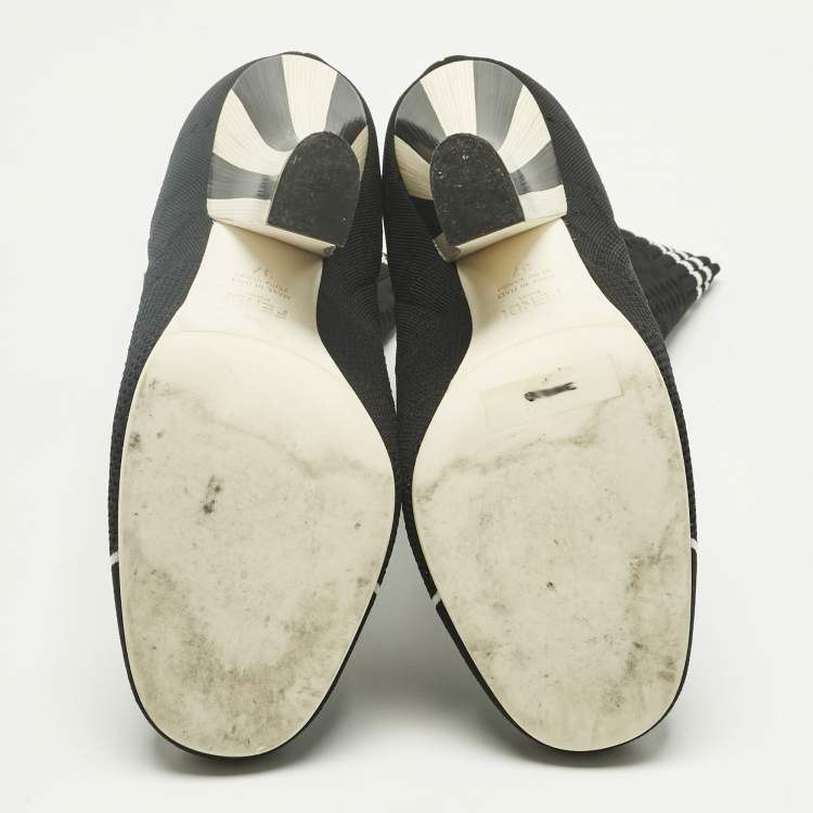 Pre Owned Fendi Black Knit Fabric Rockoko Ankle Length Boots Size 37